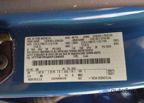 2019 Ford F-150 Raptor z USA, uszkodzony, nr VIN 1FTFW1RG6KFC94955